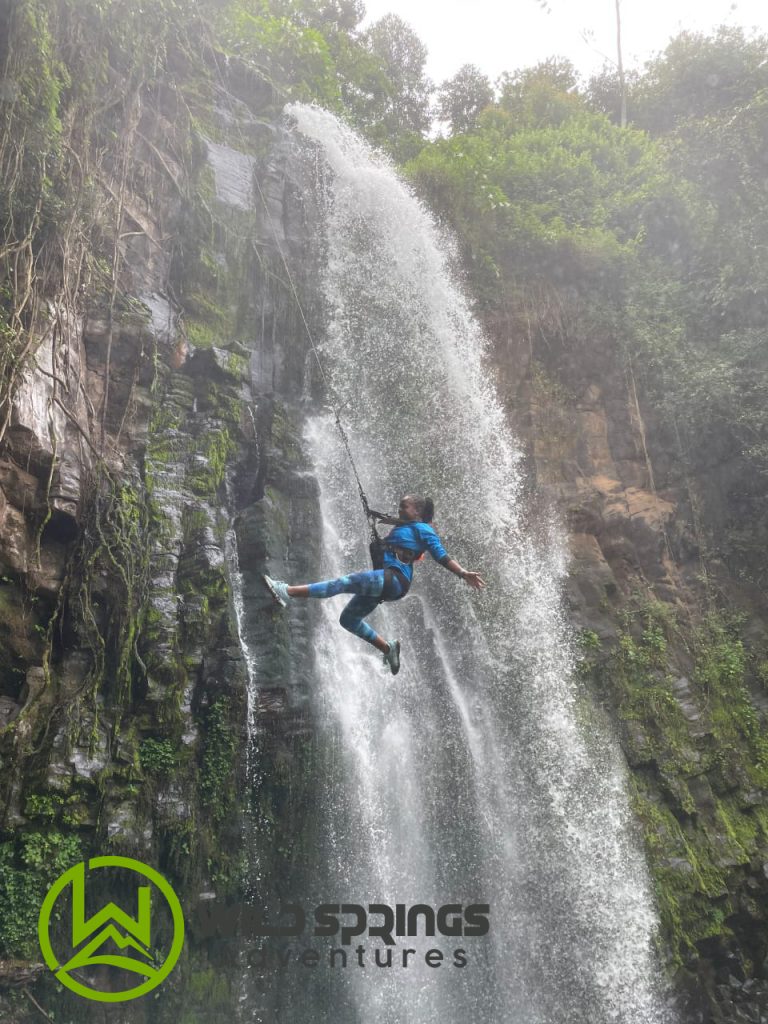 A photo of a woman enjoying a wild swing in front of a waterfall