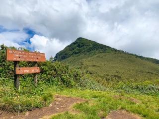 Hikers climbing the steep, muddy Njabini route up Elephant Hill in Kenya's Aberdare Range