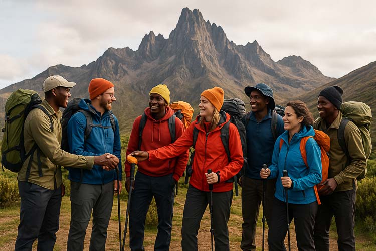 Hiker offering a gratuity to a happy Mount Kenya support crew member