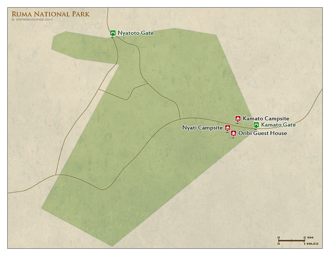 Photo of a map of Ruma National Park, showing all the main entrance gate to the park.