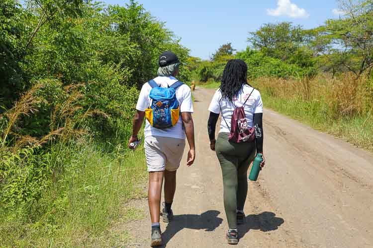 A picture showing two tourists enjoying a walking safari tour in a wildlife park