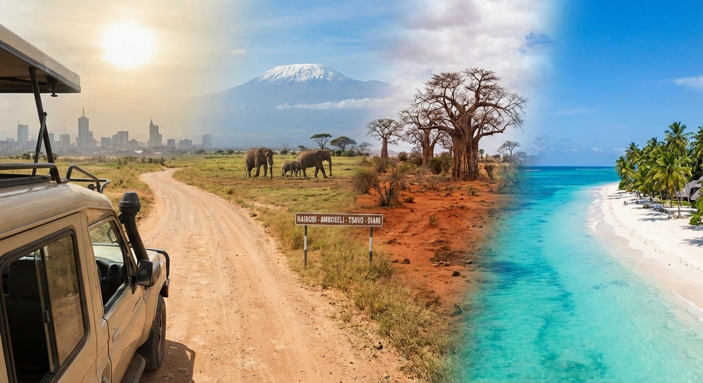 🦁🏖️Nairobi To Diani Safari Via Amboseli & Tsavo — Ultimate Bush To Beach Safari Kenya 2026